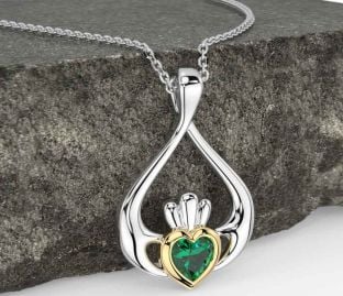 Emerald Gold Silver Claddagh Necklace