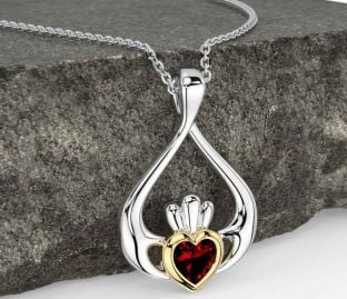 Garnet Gold Silver Claddagh Necklace