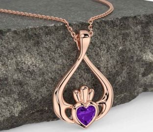 Amethyst Rose Gold Silver Claddagh Necklace