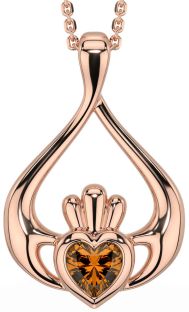 Citrine Rose Gold Silver Claddagh Necklace