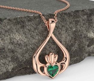 Emerald Rose Gold Silver Claddagh Necklace