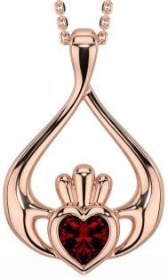Garnet Rose Gold Silver Claddagh Necklace