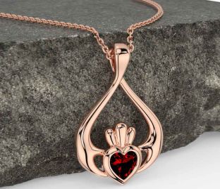 Garnet Rose Gold Silver Claddagh Necklace