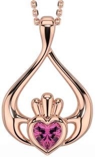 Pink Tourmaline Rose Gold Silver Claddagh Necklace