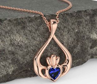 Sapphire Rose Gold Silver Claddagh Necklace
