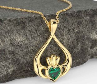 Emerald Gold Silver Claddagh Necklace