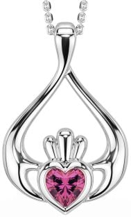 Pink Tourmaline Silver Claddagh Necklace