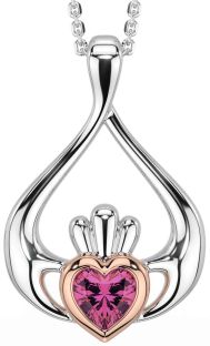 Pink Tourmaline Rose Gold Silver Claddagh Necklace