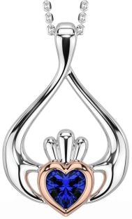 Sapphire Rose Gold Silver Claddagh Necklace