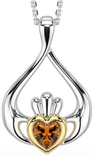 Citrine Gold Silver Claddagh Necklace