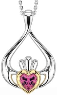 Pink Tourmaline Gold Silver Claddagh Necklace