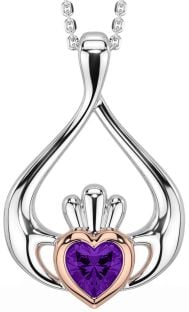 Amethyst White Rose Gold Claddagh Necklace