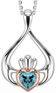 Aquamarine White Rose Gold Claddagh Necklace