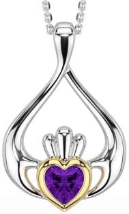 Amethyst White Yellow Gold Claddagh Necklace