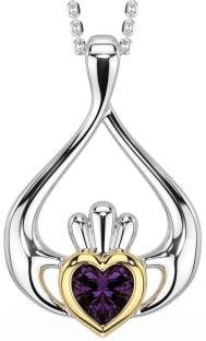 Alexandrite White Yellow Gold Claddagh Necklace