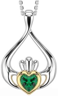 Emerald White Yellow Gold Claddagh Necklace