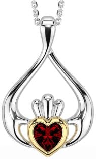 Garnet White Yellow Gold Claddagh Necklace