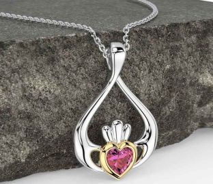 Pink Tourmaline White Yellow Gold Claddagh Necklace