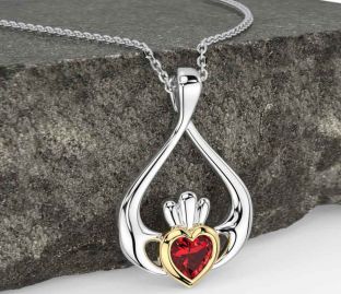 Ruby White Yellow Gold Claddagh Necklace