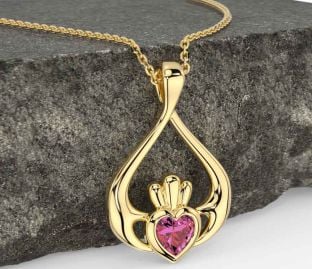 Pink Tourmaline Gold Claddagh Necklace