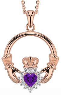 Diamond Amethyst Rose Gold Silver Claddagh Necklace