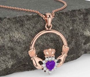 Diamond Amethyst Rose Gold Silver Claddagh Necklace