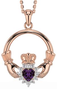 Diamond Alexandrite Rose Gold Silver Claddagh Necklace