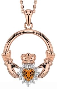 Diamond Citrine Rose Gold Silver Claddagh Necklace