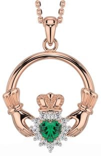 Diamond Emerald Rose Gold Silver Claddagh Necklace