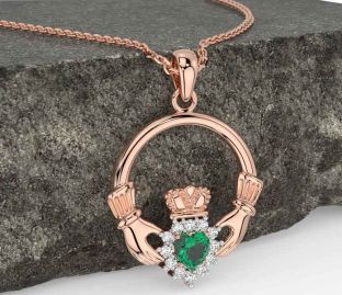 Diamond Emerald Rose Gold Silver Claddagh Necklace