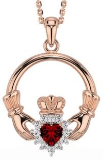 Diamond Garnet Rose Gold Silver Claddagh Necklace