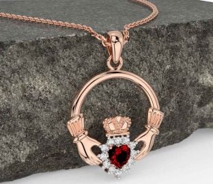 Diamond Garnet Rose Gold Silver Claddagh Necklace
