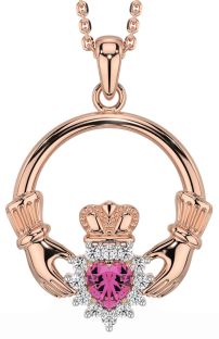 Diamond Pink Tourmaline Rose Gold Silver Claddagh Necklace