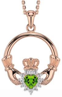 Diamond Peridot Rose Gold Silver Claddagh Necklace