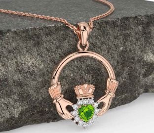 Diamond Peridot Rose Gold Silver Claddagh Necklace