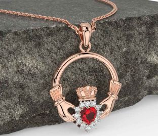 Diamond Ruby Rose Gold Silver Claddagh Necklace