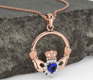 Diamond Sapphire Rose Gold Silver Claddagh Necklace