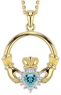 Diamond Aquamarine Gold Silver Claddagh Necklace