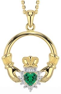 Diamond Emerald Gold Silver Claddagh Necklace