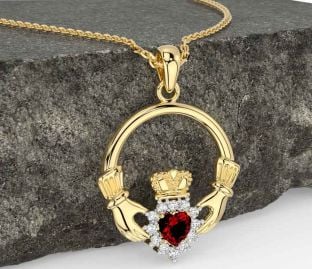Diamond Garnet Gold Silver Claddagh Necklace