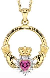 Diamond Pink Tourmaline Gold Silver Claddagh Necklace