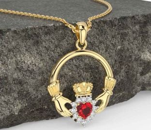 Diamond Ruby Gold Silver Claddagh Necklace
