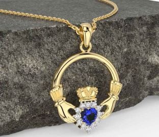 Diamond Sapphire Gold Silver Claddagh Necklace