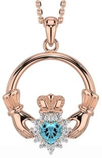 Diamond Aquamarine Rose Gold Claddagh Necklace