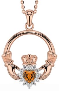 Diamond Citrine Rose Gold Claddagh Necklace