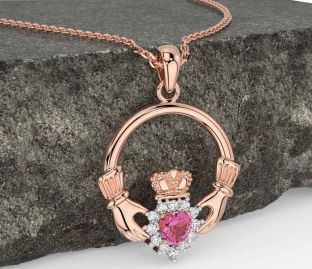 Diamond Pink Tourmaline Rose Gold Claddagh Necklace