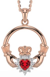 Diamond Ruby Rose Gold Claddagh Necklace