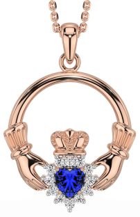 Diamond Sapphire Rose Gold Claddagh Necklace