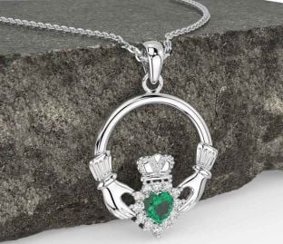 Diamond Emerald Silver Claddagh Necklace