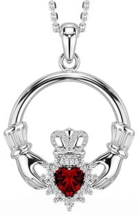 Diamond Garnet Silver Claddagh Necklace